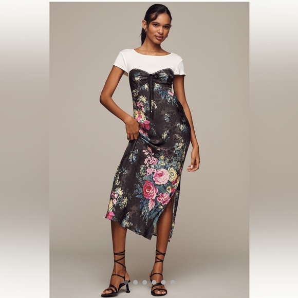 Anthropologie Twofer Slip Midi Dress Size Medium Black Floral Side Zipper - Picture 1 of 15